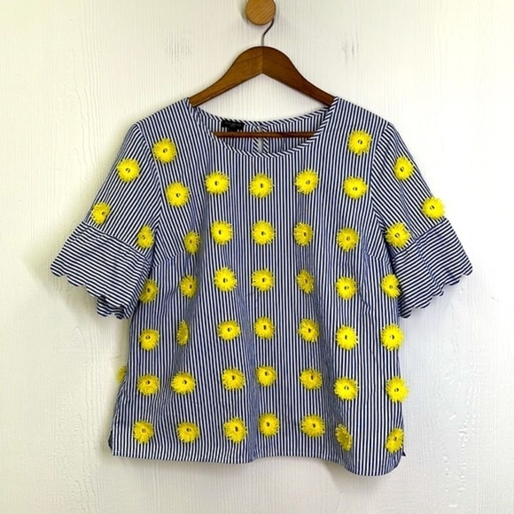 Talbots - Blue Stripe W/ Yellow Appliqués Short Sleeve Blouse Size Large Petite - Picture 7 of 12